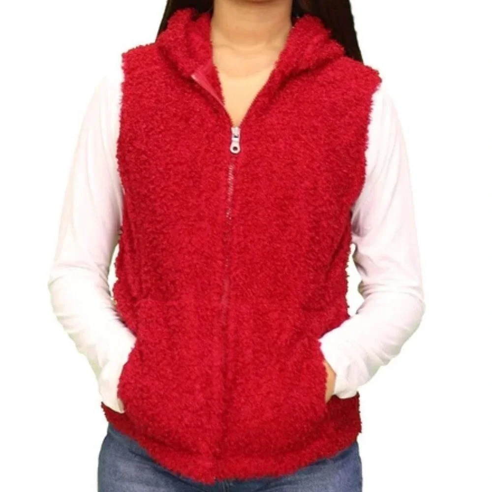 J. Jill Dark Red Hooded Front‎ Zip Sherpa Vest Size M